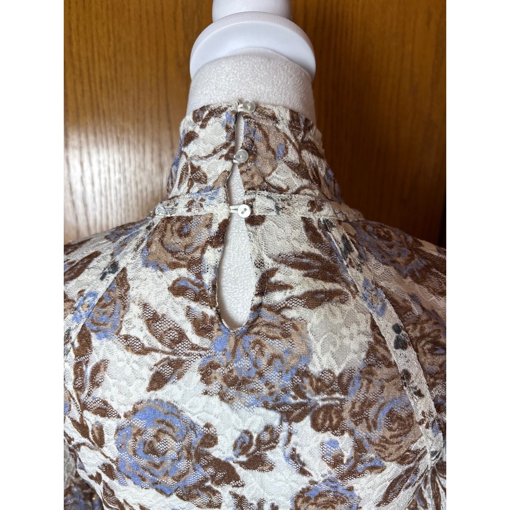 Free People Lyric Floral Lace Mock Neck Long Sleeve Top Brown Blue Rose Size M - Picture 7 of 11
